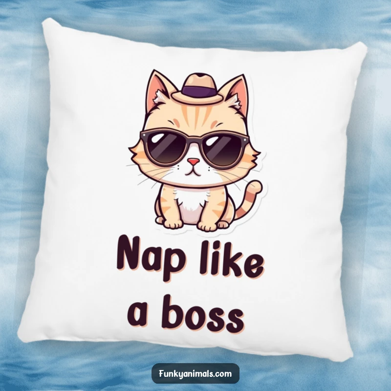 Funny Cool Cat Pillow designed with a stylish cat wearing sunglasses and a fedora for ultimate coolness.