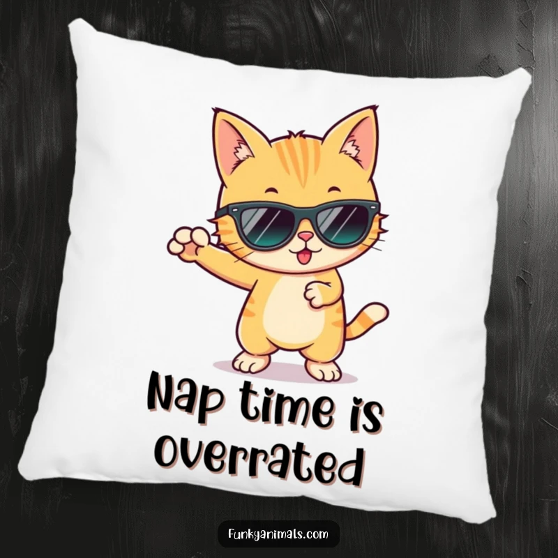 Funny cool cat wearing sunglasses, doing a funky dance move, showcased on a soft and decorative pillow.