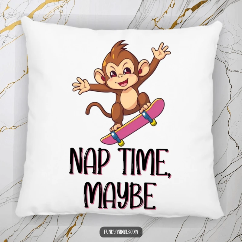 Funny pillow showcasing a mischievous monkey performing a skateboard trick mid-air, offering comfort and a hilarious, cool aesthetic.