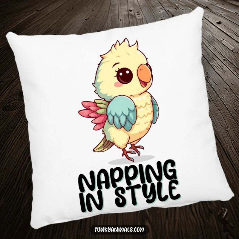 Funny pillow featuring a groovy parrot cub dancing, offering plush comfort and a dose of tropical fun with a shimmery feather.