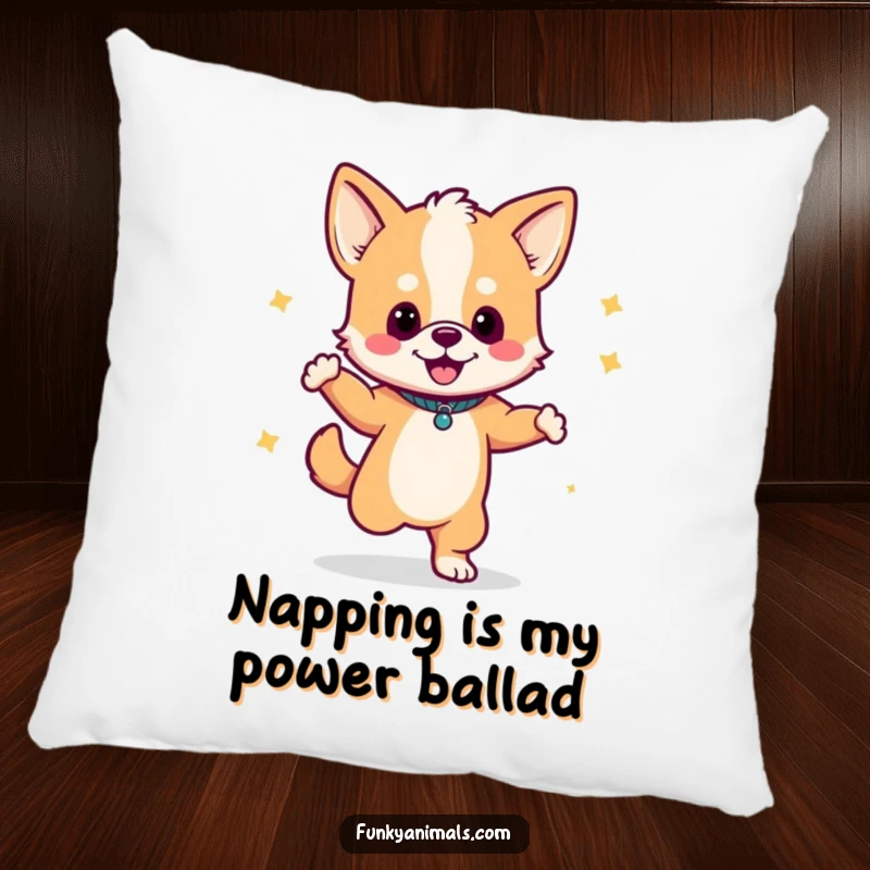 Funny pillow designed with a dog cub dancing happily with a boombox, perfect for cozying up.