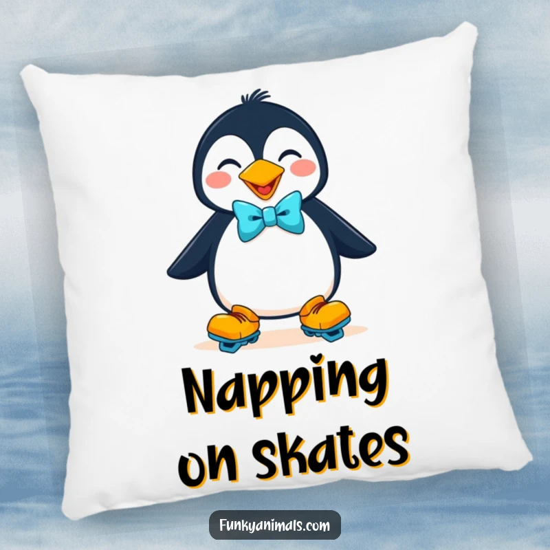 Funny goofy penguin on roller skates with a bow tie on this decorative pillow, a soft and humorous accent.