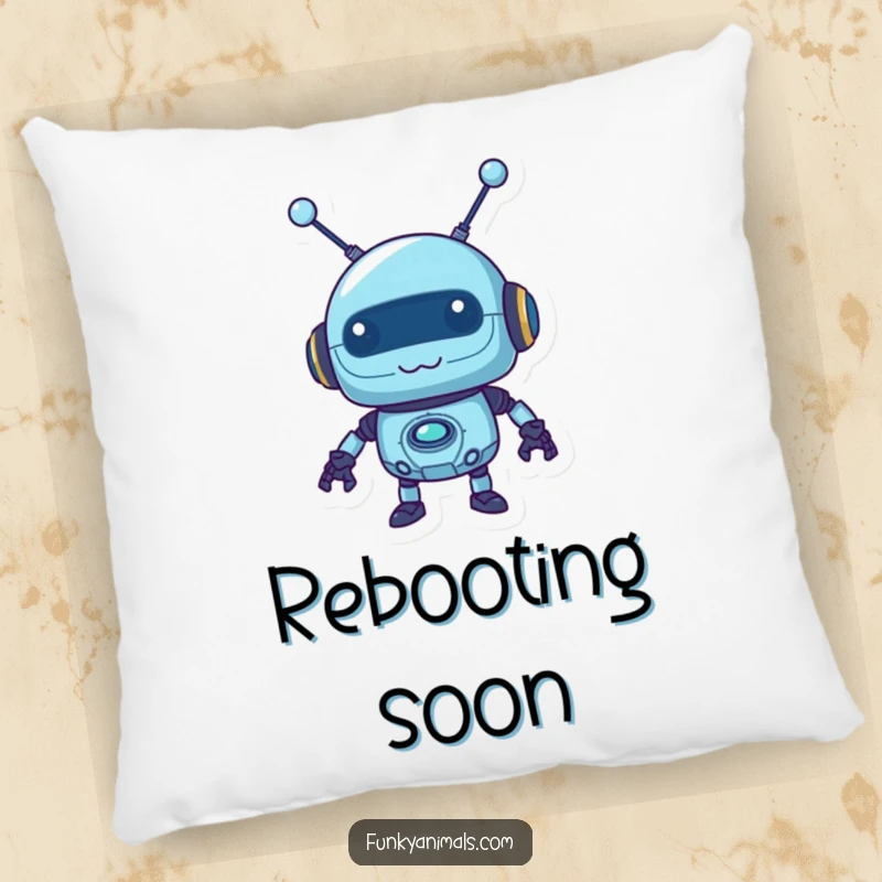 Funny blue robot pillow with a mischievous look and wobbly antennas, providing comfortable and humorous tech-themed decor.