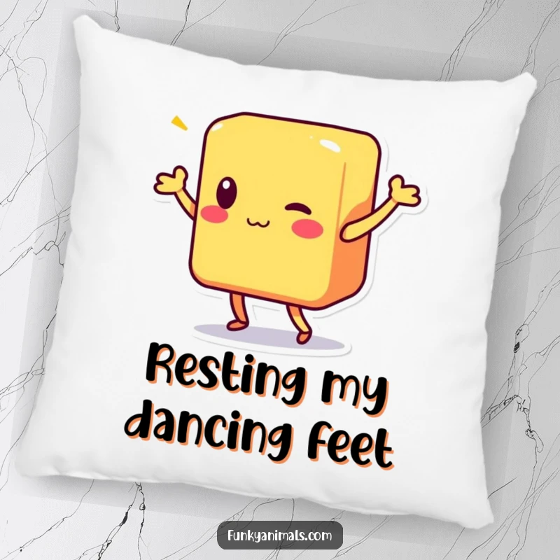 Funny pillow featuring a colorful square block character in a delightful, spontaneous shimmy dance.