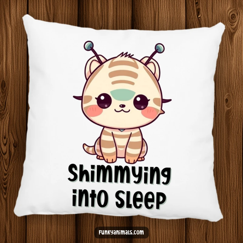 Funny pillow with a striped creature and antennae shimming its shoulders, offering humorous comfort and decor.