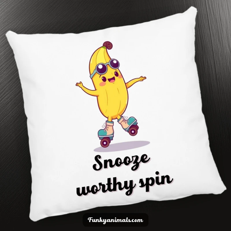 Funny pillow featuring a groovy banana doing a roller skate spin, providing comfort and a humorous, playful touch to any cozy space.