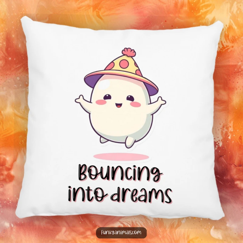 Funny abstract blob creature in a funky hat, bouncing energetically, featured on a soft pillow, adding a touch of whimsical decor.