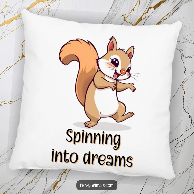 Funny squirrel breakdancing and spinning on its tail, looking groovy, on a soft and decorative pillow.