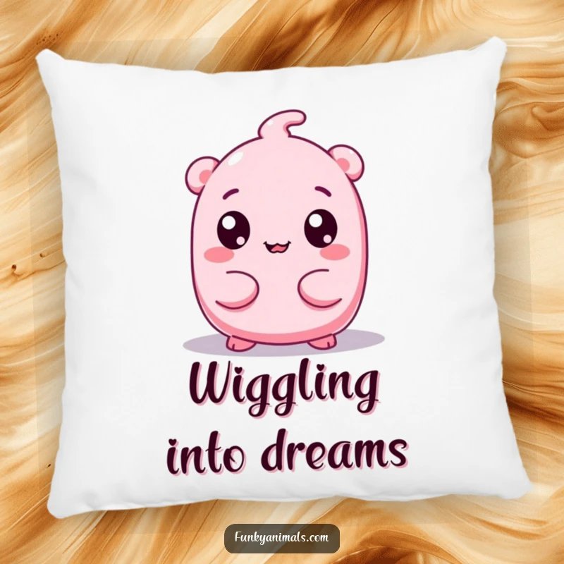Funny pillow featuring a pink, squishy creature with googly eyes wiggling its body, offering cuddly comfort and humorous appeal.