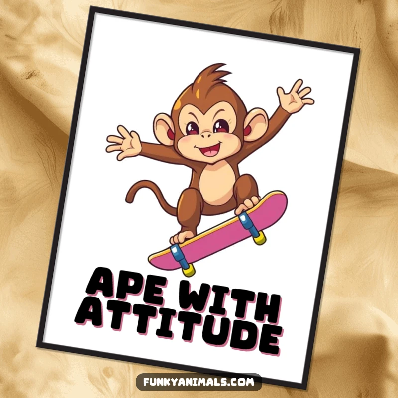 Funny digital art print of a mischievous monkey performing a skateboard trick mid-air, offering instant cool and humorous wall decor.