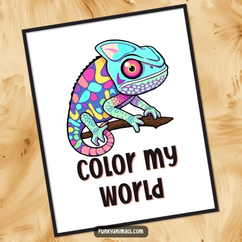Funny chameleon digital art print showcasing a psychedelic pattern of rapidly changing colors, adding artistic energy to any room.