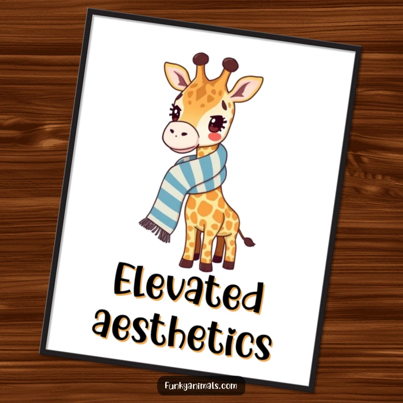 Funny giraffe digital art print of a giraffe with a ridiculously long, striped scarf, adding whimsical charm to any room.