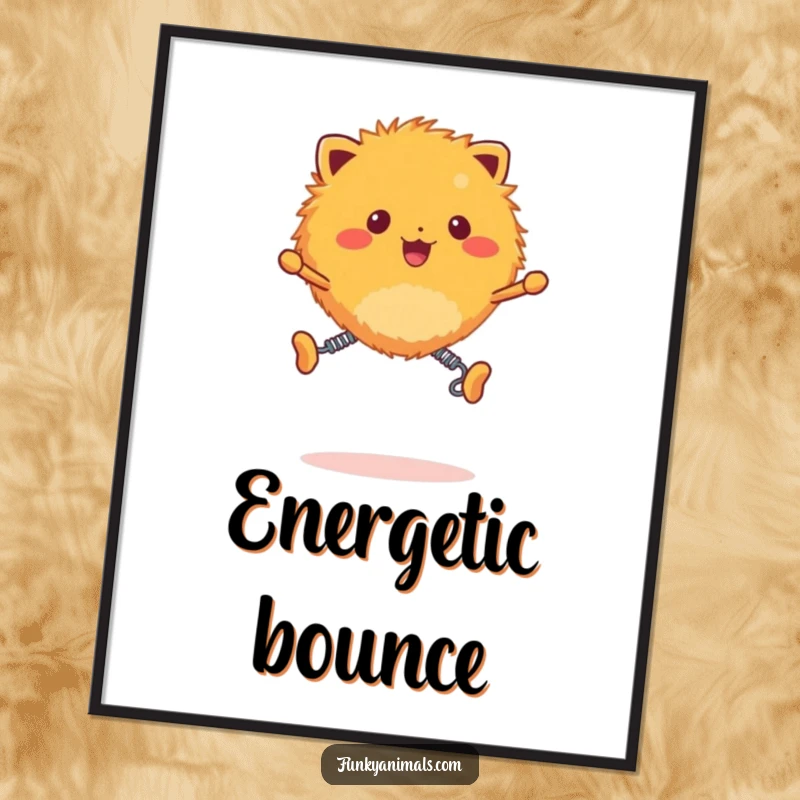 Funny fuzzy orange creature digital art print, creature with spring legs captured bouncing with pure joy, full of life.