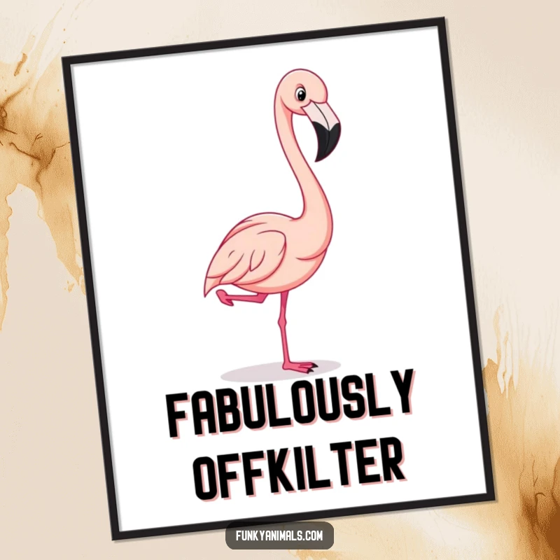 Funny flamingo striking a comical one-legged pose, radiating playful elegance, a vibrant and humorous digital art print.