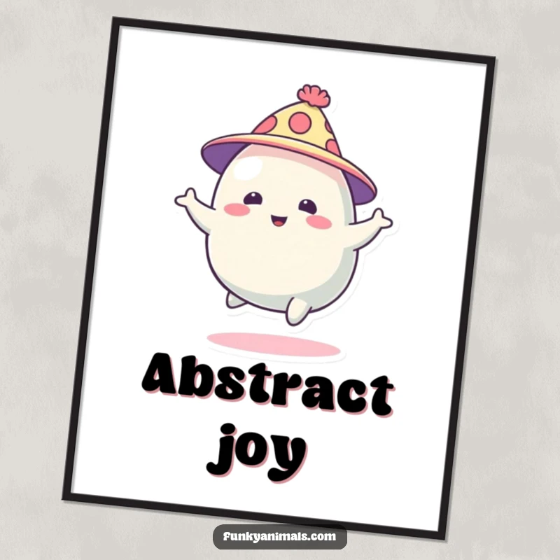 Funny abstract blob creature in a funky hat, bouncing energetically, a digital art print bursting with whimsical and abstract vibes.