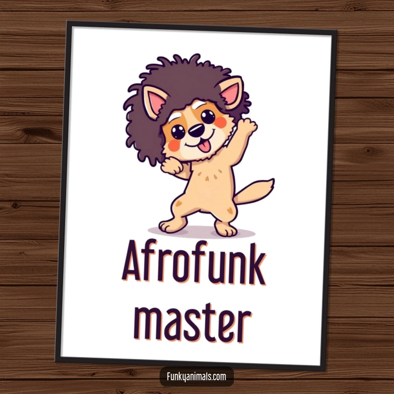 Funny dog wearing an afro wig, breakdancing with energetic moves, as a digital art print for decor.