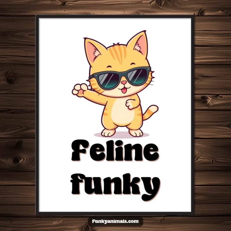 Funny cool cat in sunglasses, captured mid-funky dance move, high-resolution digital art print for groovy decor.