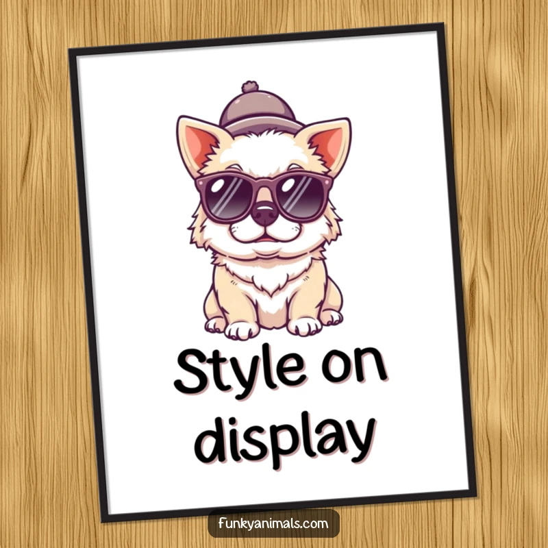 Funny dog digital art print of a quirky dog wearing sunglasses and a tiny hat, radiating cool vibes and humor.