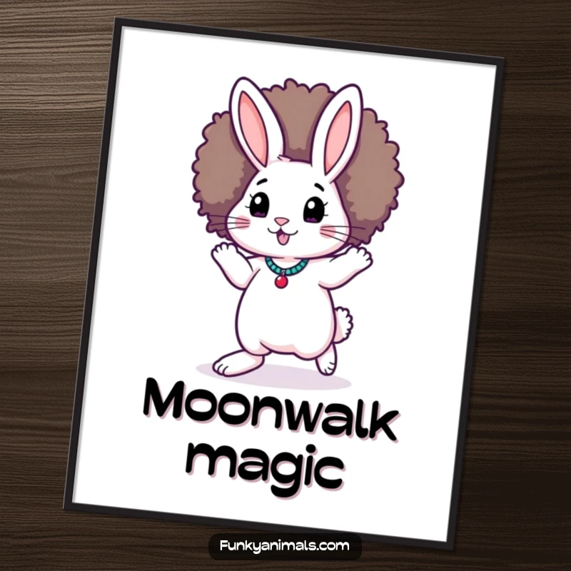 Funny Funky Rabbit Digital Art: A rabbit in a stylish afro wig performs the iconic moonwalk, creating a visually dynamic and humorous piece.