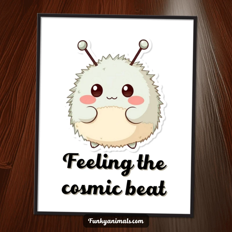 Funny digital art print of a fuzzy, round creature with antennae cheerfully bopping its head to a rhythm.