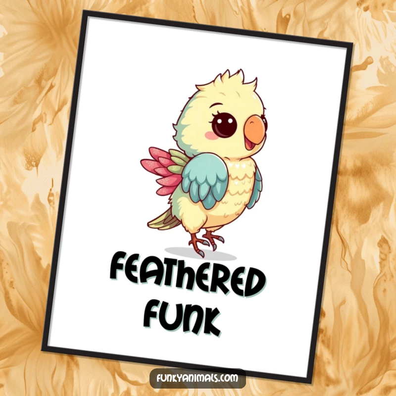 Funny digital art print of a groovy parrot cub dancing, radiating infectious tropical joy and rhythmic energy.