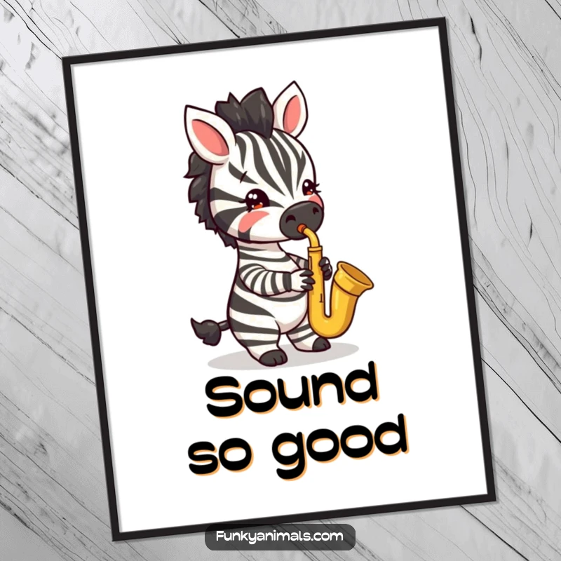Funny digital art print of a jazzy zebra cub playing a saxophone with impressive musical flair and expression.
