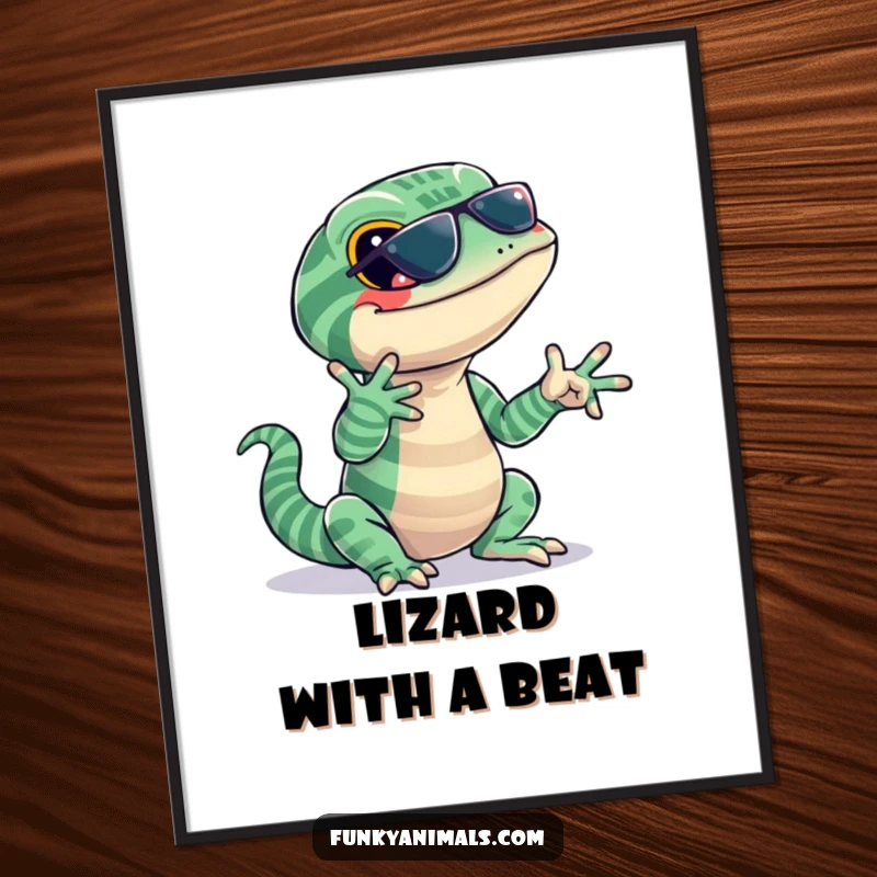 Funny lizard jazz digital art print of a jazzy reptile with stripes, snapping its fingers to a beat, capturing cool vibes.