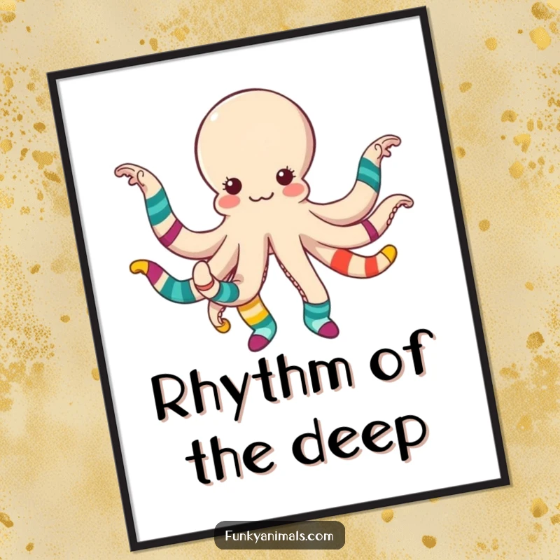 Funny octopus dancing with colorful mismatched socks, radiating joyful energy, a vibrant and humorous digital art print.