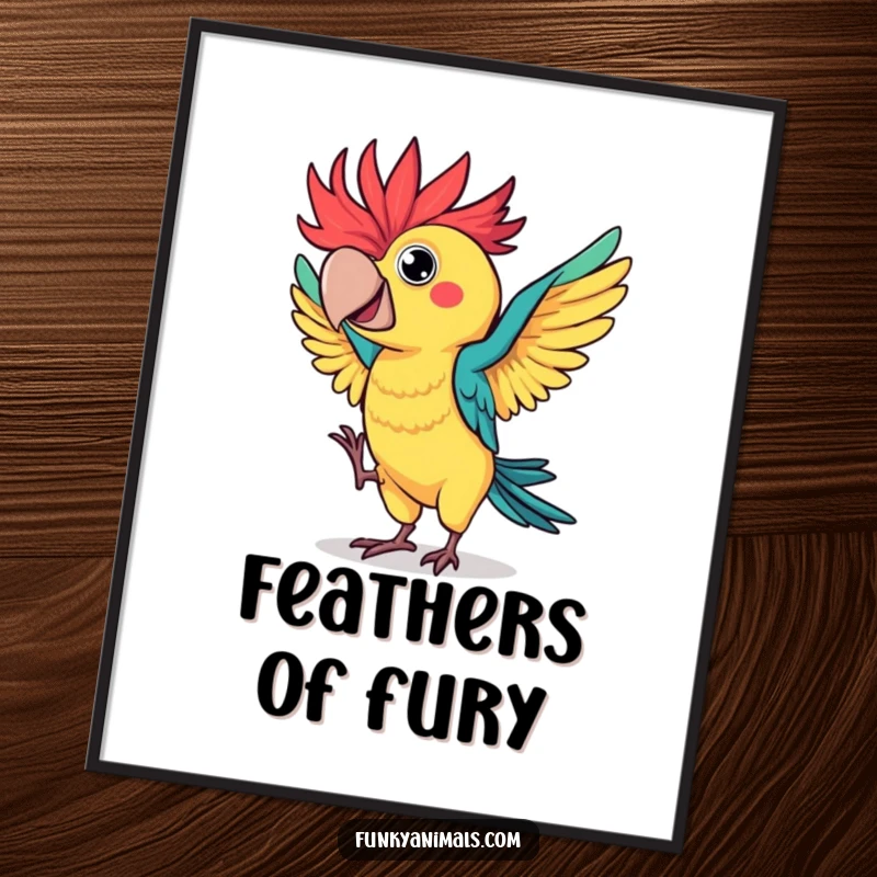 Funny parrot dance digital art print of a colorful bird with wild, spiky feathers in a hilarious flamboyant dance, full of vibrant energy.