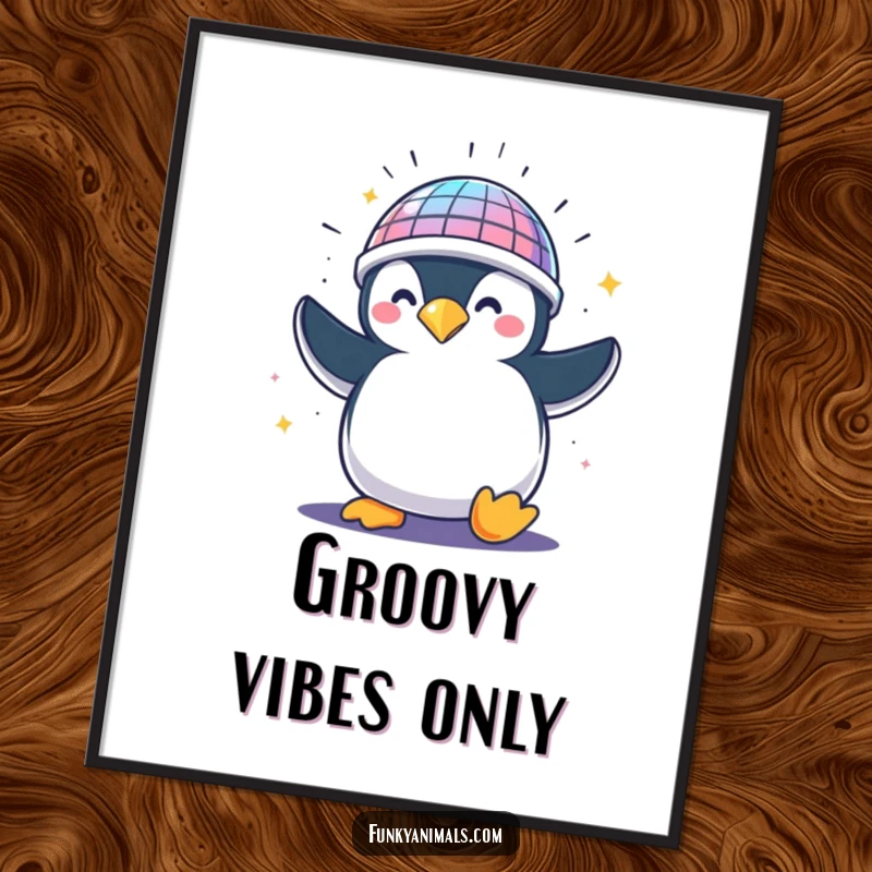 Funny penguin with a spinning disco ball helmet, radiating disco energy, a vibrant and humorous digital art print.
