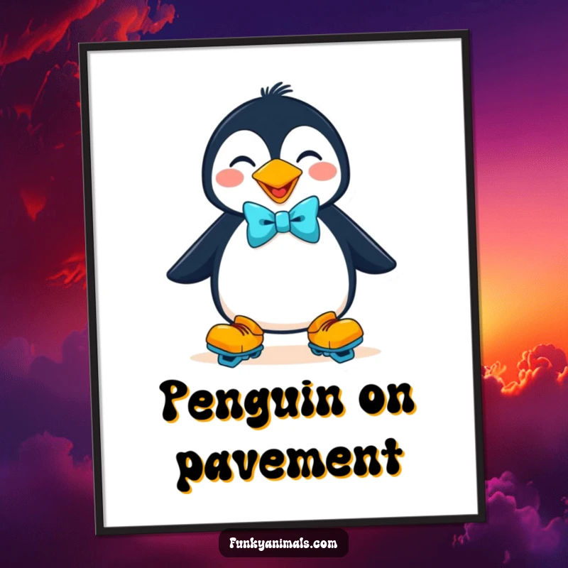 Funny goofy penguin wearing roller skates and a bright bow tie, a downloadable digital art print for playful decor.