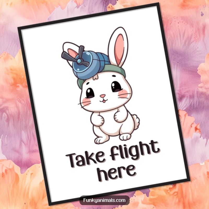 Funny Rabbit Digital Art print of a rabbit with a propeller beanie, looking excited and ready for takeoff.