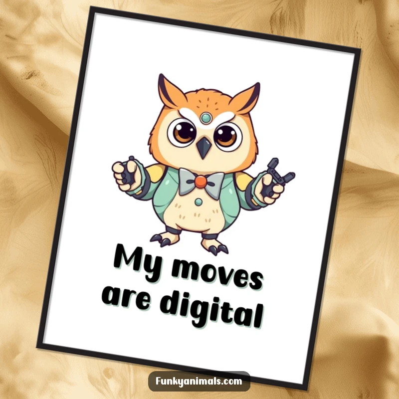 Funny Robot Owl Cub Digital Art Print: A stylish owl cub in a bowtie, performing a robot dance, captured in a vibrant and humorous digital illustration.