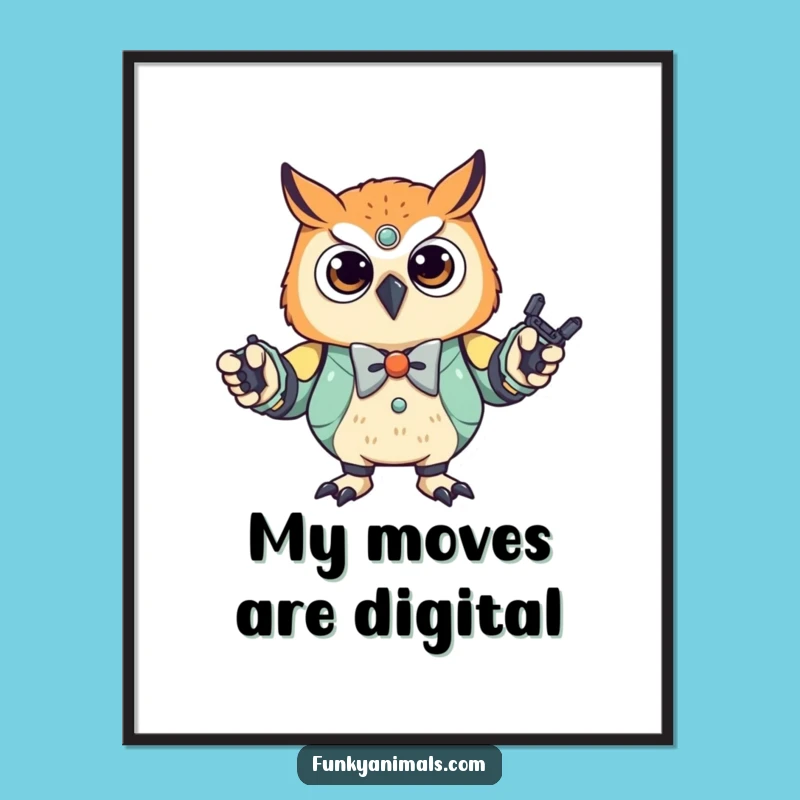 Funny Robot Owl Cub Digital Art - Stylish Bowtie Dancer, Humorous Decor Gift