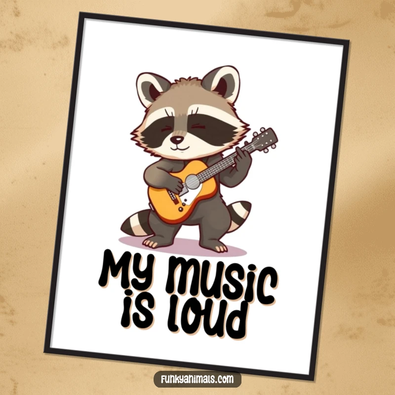 Funny Rocking Raccoon Digital Art Print: A cool raccoon cub energetically playing a tiny guitar, captured in a dynamic and humorous illustration.