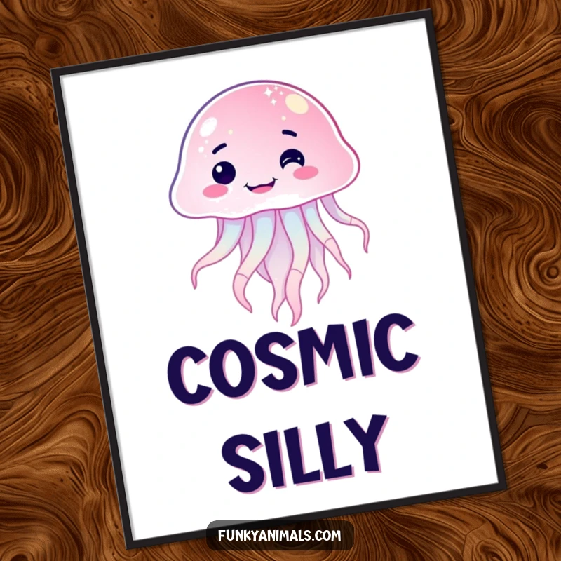 Funny sparkling jellyfish digital art print featuring a character with a goofy, lopsided grin, ready to bring aquatic silliness to any room.