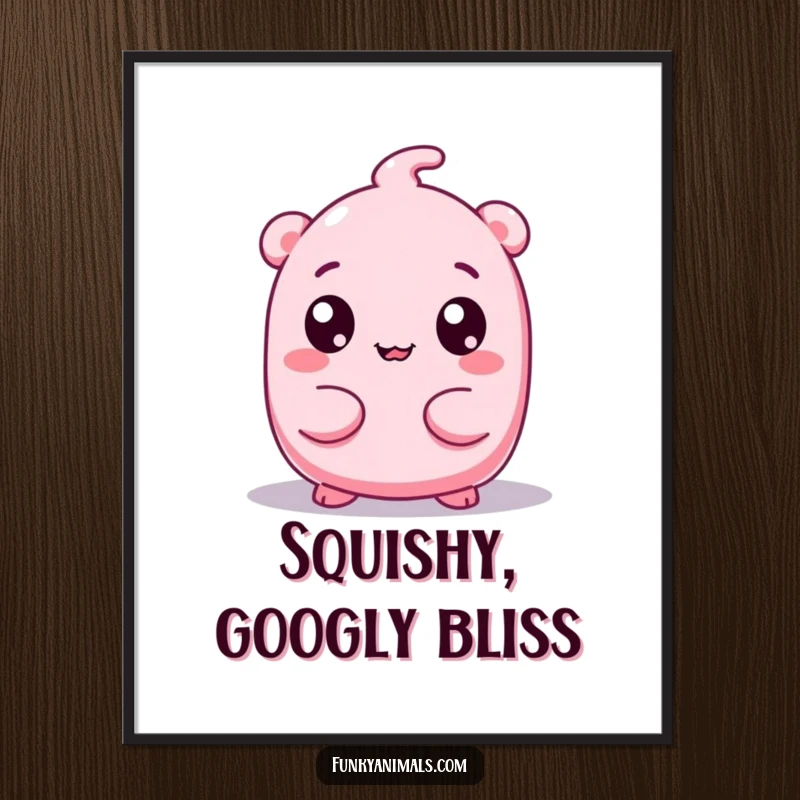 Funny digital art print of a pink, squishy creature with googly eyes wiggling its body, bringing cute, humorous vibes to any space.