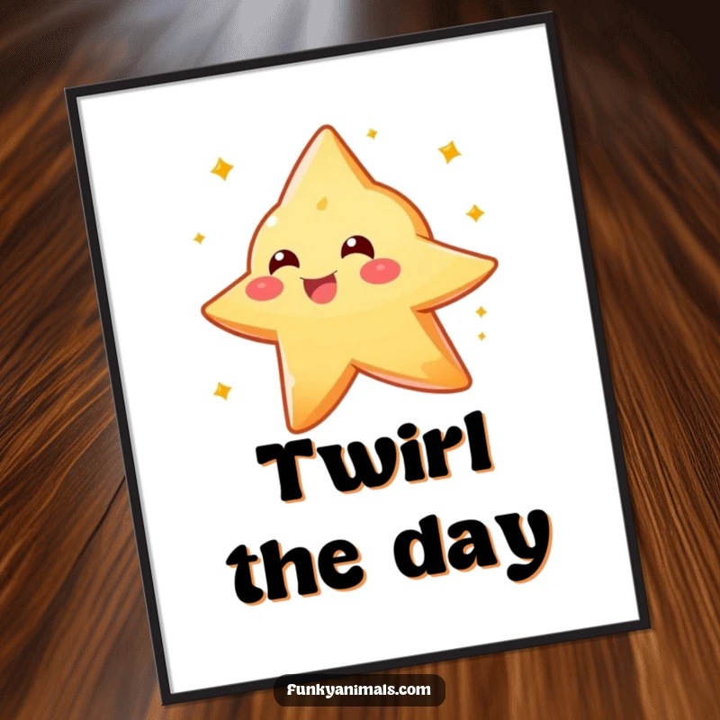 Funny sparkly orange star creature digital art print, captured spinning with delight, offering instant celestial and humorous decor.