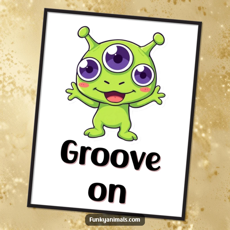 Funny green alien digital art print, three-eyed creature captured in an ecstatic boogie, full of life and color.