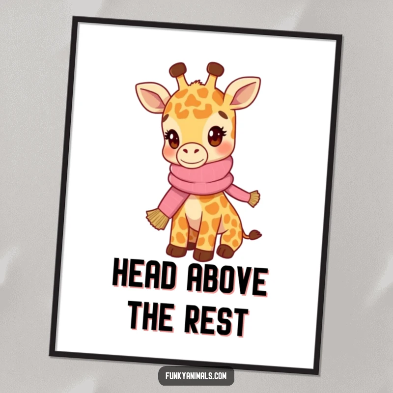 Funny digital art print of a hip giraffe cub wearing a knitted scarf, exuding cool and stylish vibes.