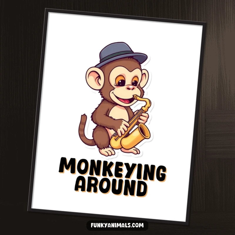 Funny monkey sax digital art print of a funky ape in a fedora playing a miniature saxophone, capturing smooth jazz vibes.