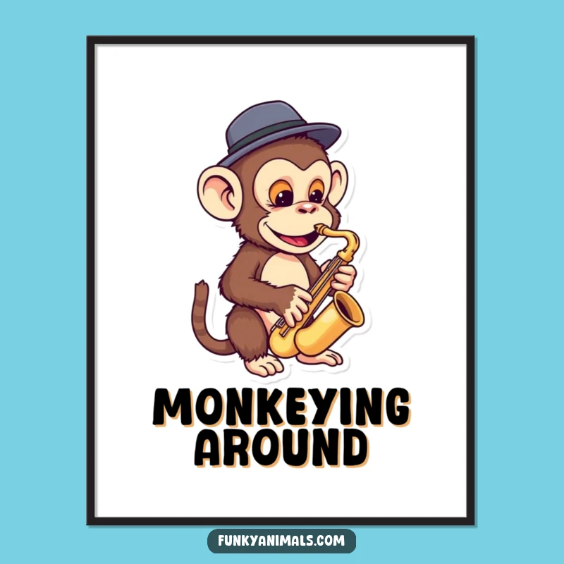Funny Monkey Sax Digital Art: Funky Fedora Player, Hilarious Jazz Ape Print