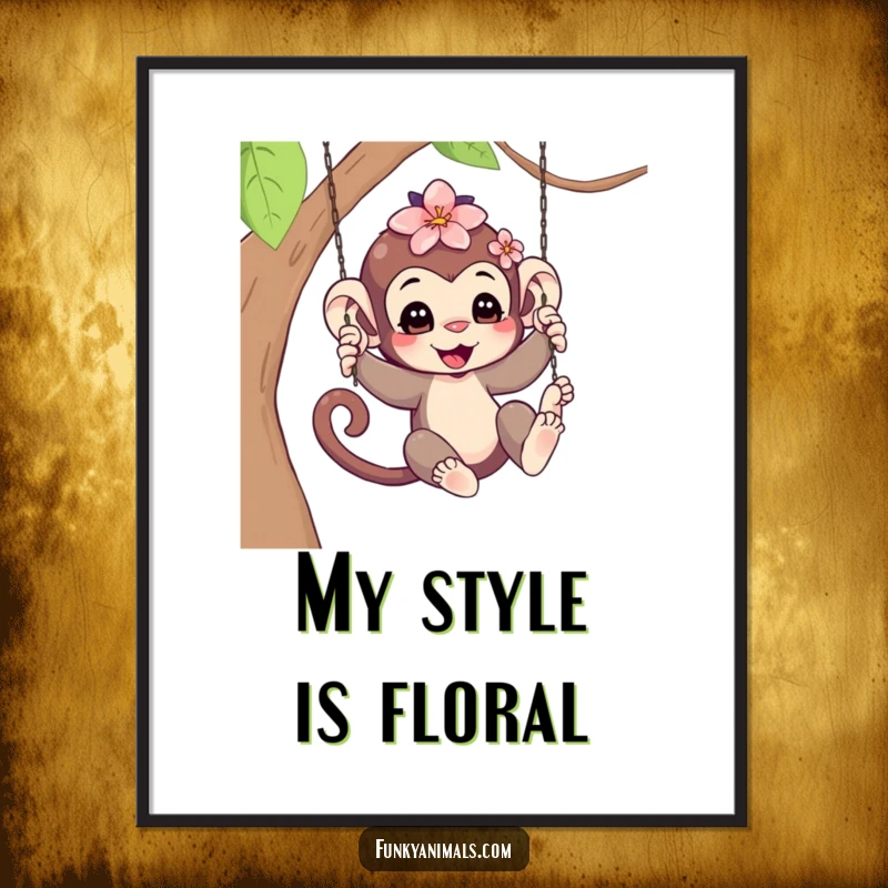 Funny Swinging Monkey Cub Digital Art Print: A joyful monkey cub swinging mid-air, a flower in its hair, captured in a vibrant and humorous illustration.