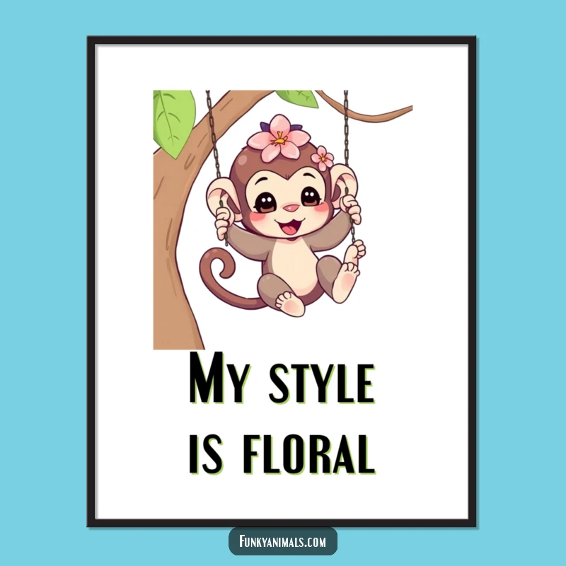 Funny Swinging Monkey Cub Digital Art - Flower Hair Joy, Humorous Decor Gift