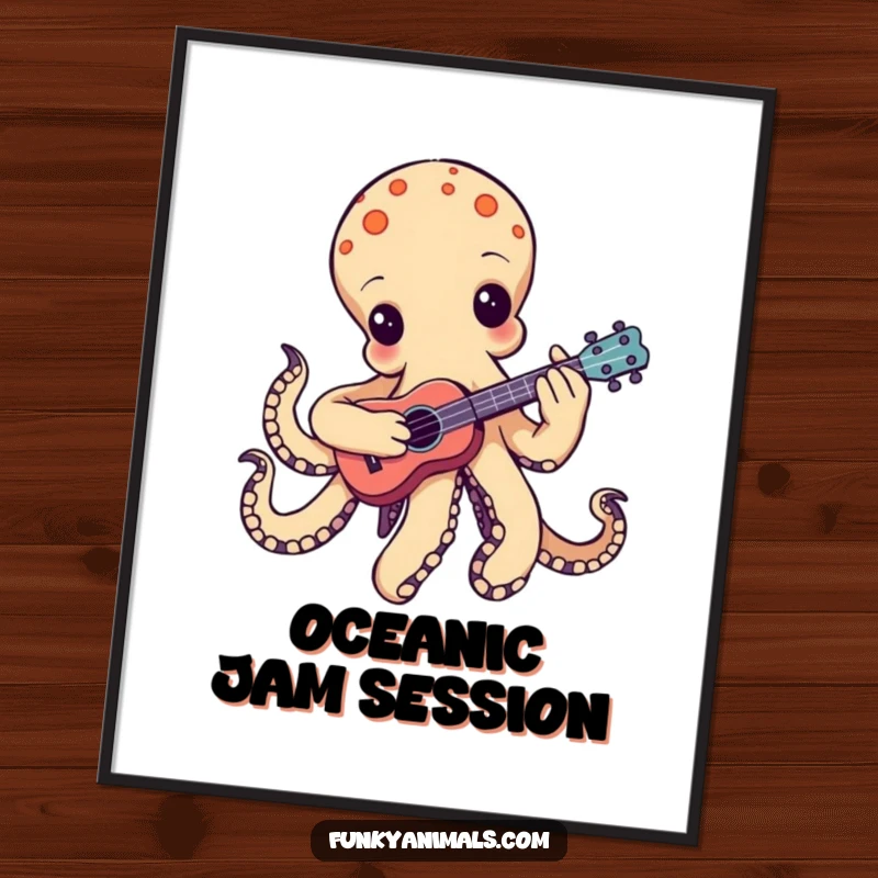 Funny groovy octopus digital art print, playing a tiny ukulele with one tentacle strumming, ready to bring musical charm anywhere.
