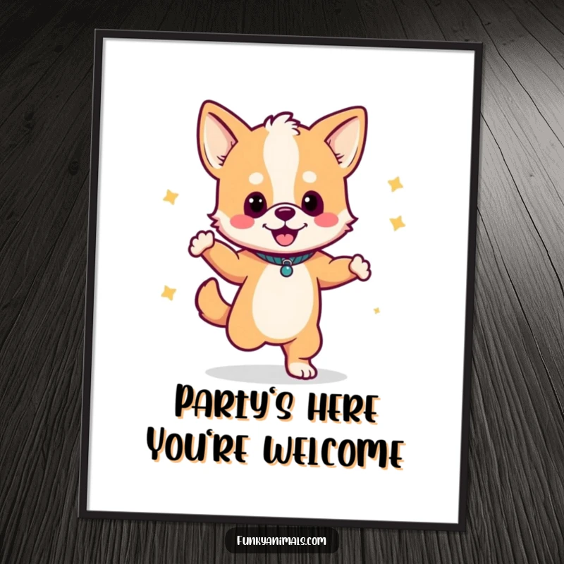 Funny digital art print of a dog cub dancing dynamically with a boombox, full of groovy energy.