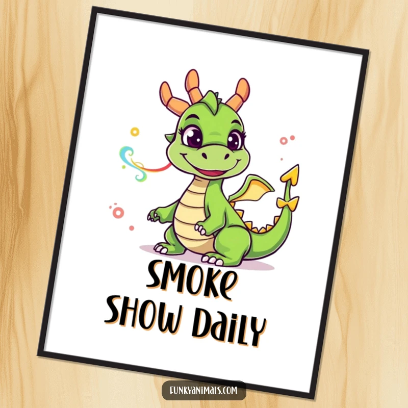 Funny green dragon digital art print of a goofy smiling dragon exhaling colorful smoke rings, offering instant whimsical decor.