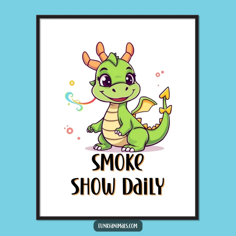Funny Green Dragon Digital Art: Goofy Smile, Smoke Rings, Instant Humorous Decor