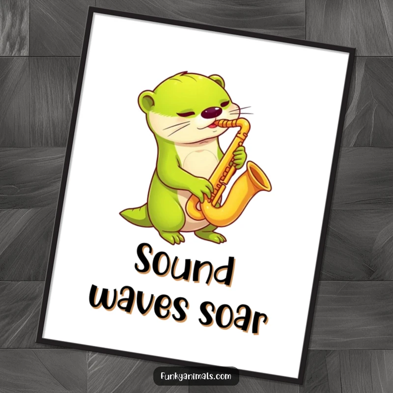 Funny alien otter saxophone digital art print of a lime green alien otter playing a funky saxophone, for wall decor.
