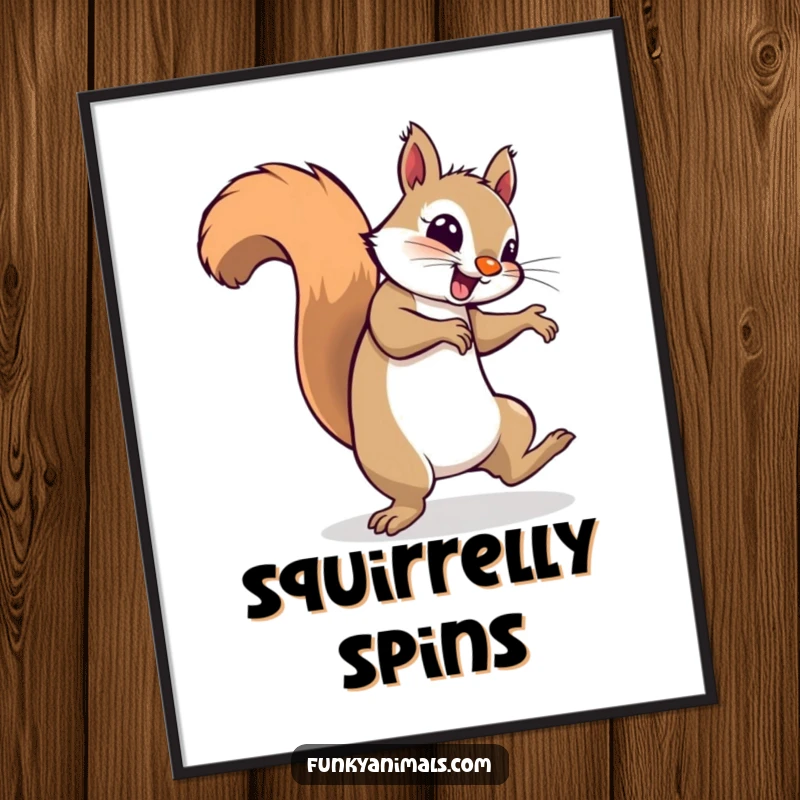 Funny squirrel breakdancing and spinning on its tail, looking groovy, creating a dynamic atmosphere in this digital art print.